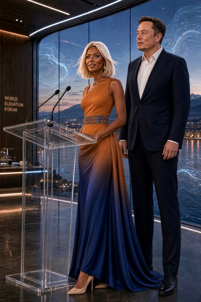 Adelaide and the fictional Elon at a podium