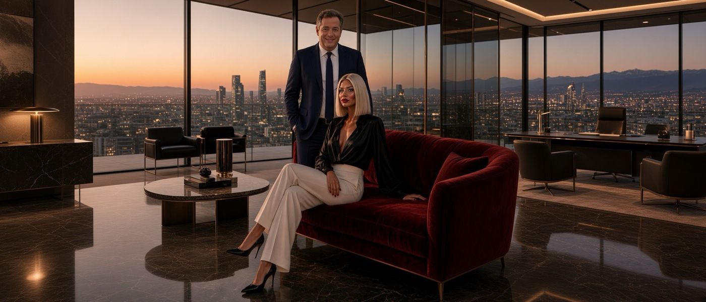 Adelaide and Victor in a high-rise lounge