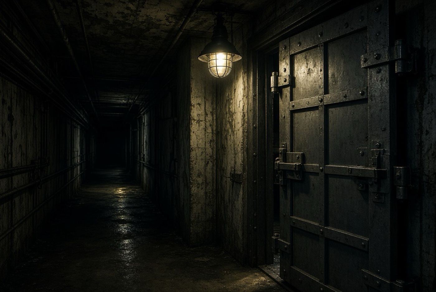 A dark corridor with a heavy vault door