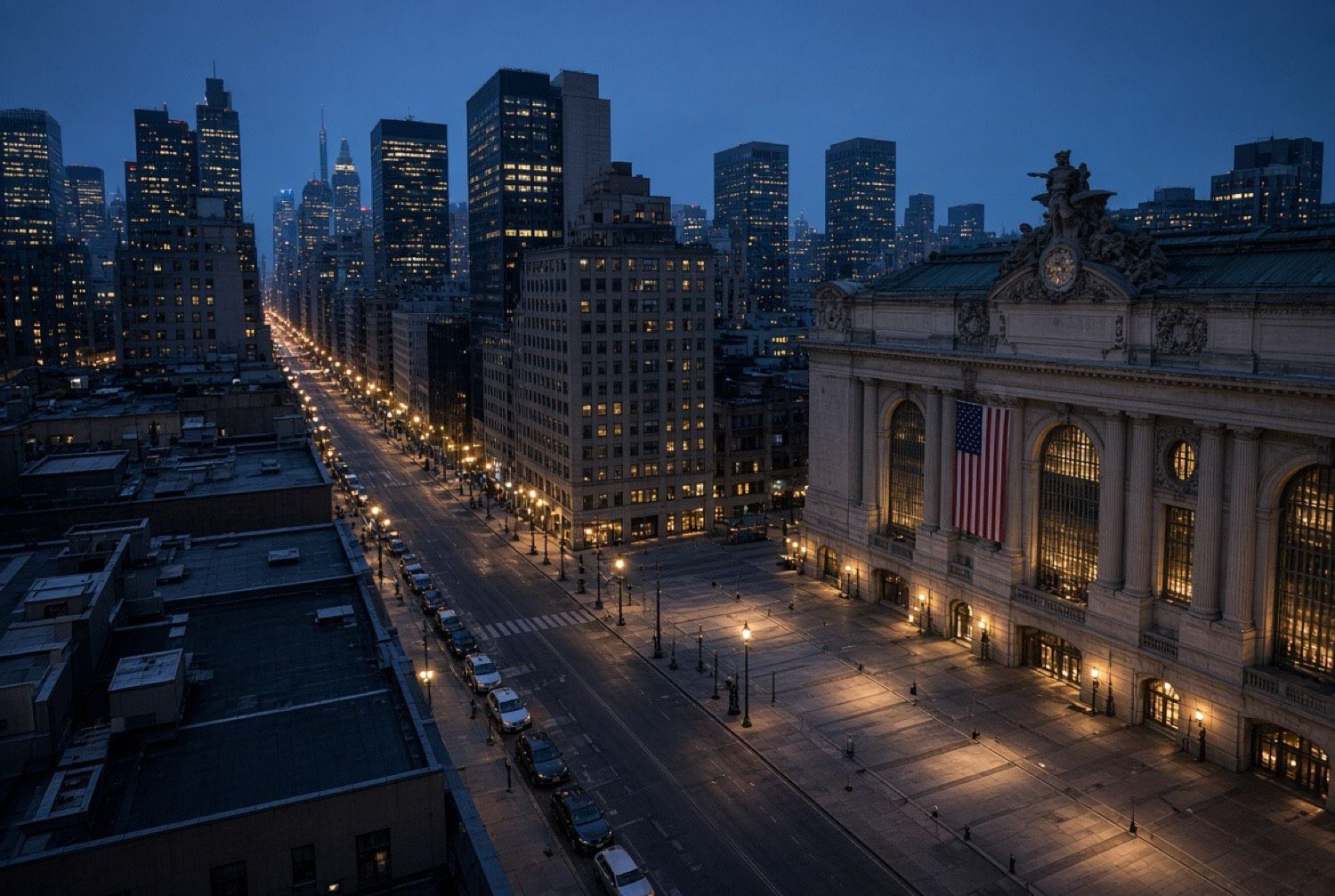 An empty city avenue beside Grand Central at dusk