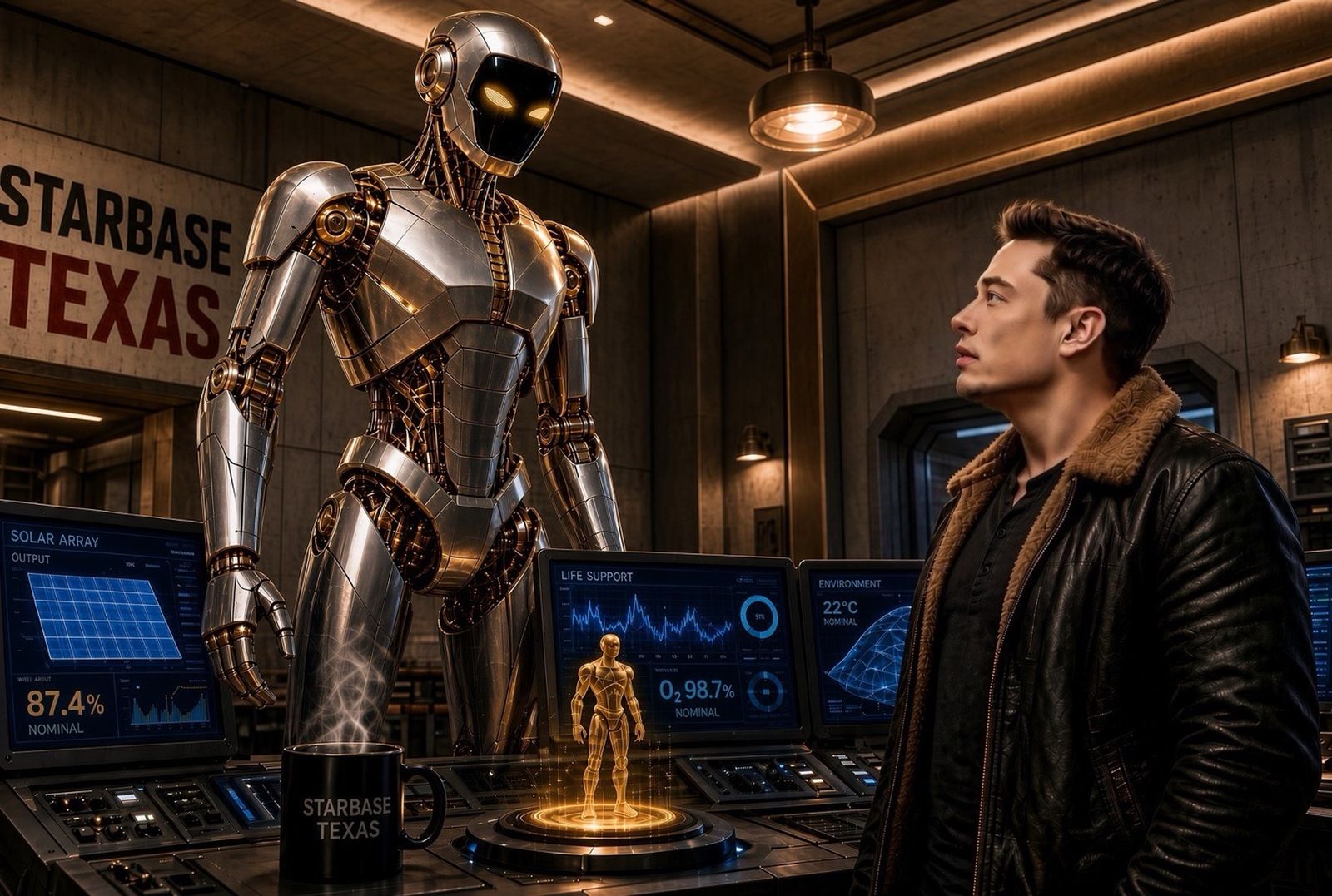 Grok, a tall silver robot, with the fictional Elon in the Starbase bunker