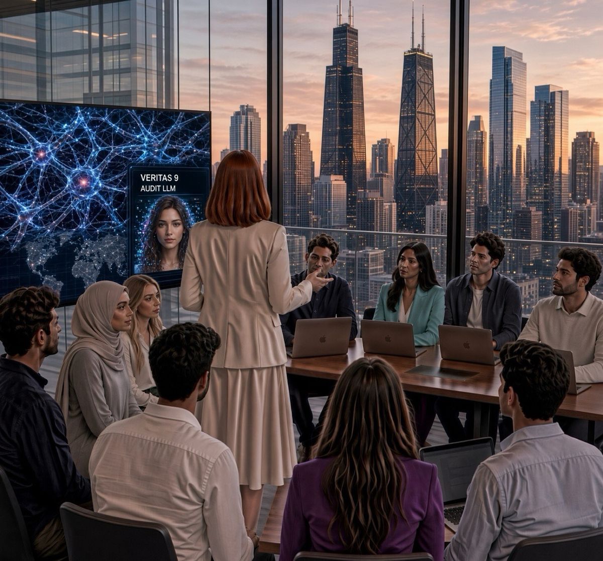 Renee leading a meeting in a high-rise conference room