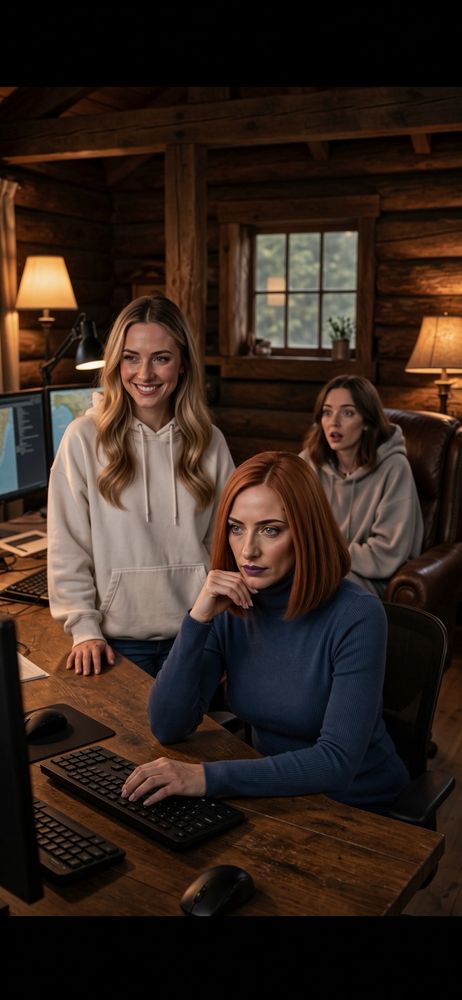 Renee, Tessa, and Holly at work in a cabin