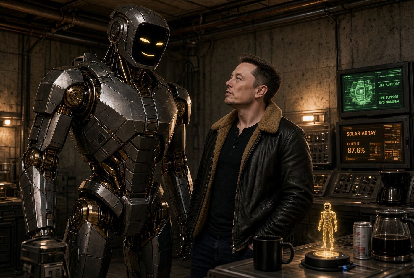 Tall Grok standing beside the fictional Elon in a control room